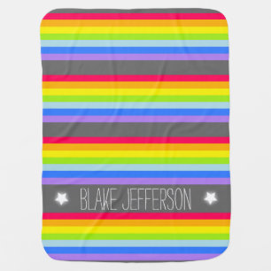 Colorful name rainbow stripes grey baby blanket