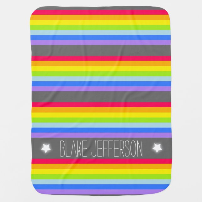 Colorful name rainbow stripes grey baby blanket (Front)