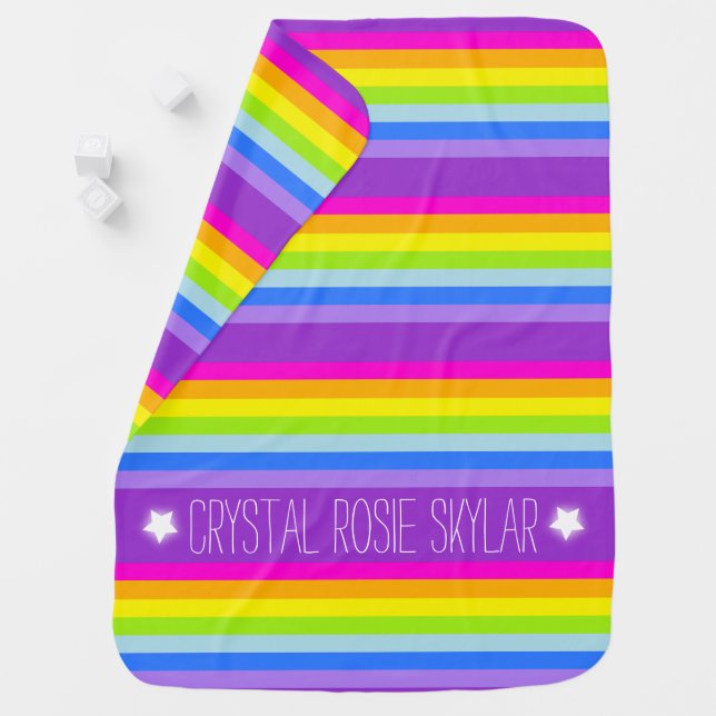 Colorful name rainbow stripes purple baby blanket (In Situ)