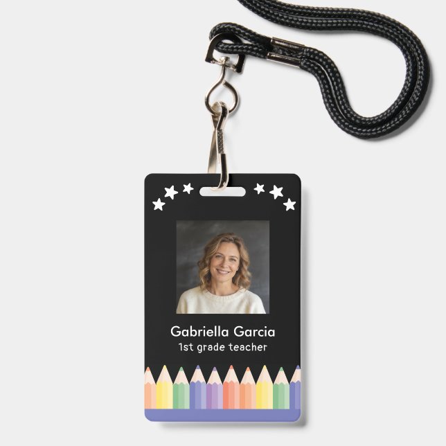 Colorful Name School Teacher badge (Front with Lanyard)
