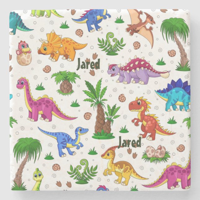 Colorful Name Seamless Pattern Dinosaur Stone Coaster (Front)