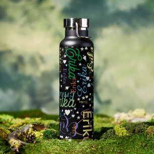 Colorful Names Cute Hearts and Stars on Black Water Bottle