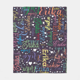 Colorful Names Cute Hearts and Stars on Indigo Fleece Blanket