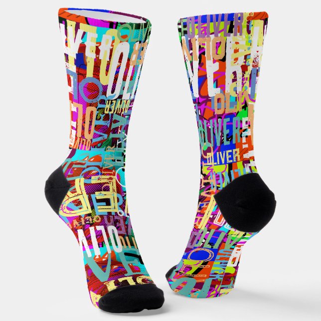 Colorful Names Replicated Art Pattern Typography  Socks (Angled)