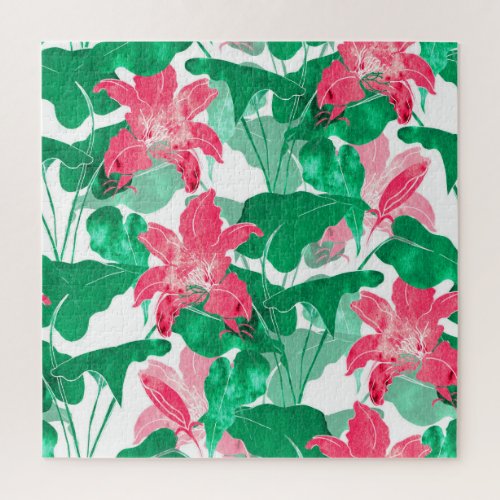 Colorful Nature Flowers Leaves Pattern Jigsaw Puzzle