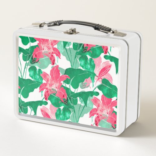 Colorful Nature Flowers Leaves Pattern Metal Lunch Box