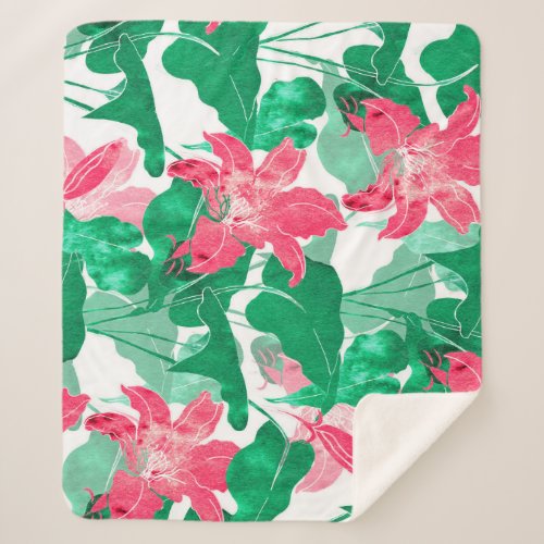 Colorful Nature Flowers Leaves Pattern Sherpa Blanket