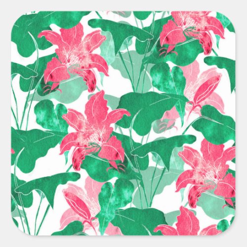 Colorful Nature Flowers Leaves Pattern Square Sticker