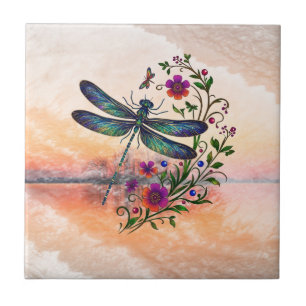 Colorful Nature Vibrant Dragonfly Floral Art Ceramic Tile