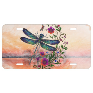 Colorful Nature Vibrant Dragonfly Floral Art License Plate