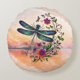 Colorful Nature Vibrant Dragonfly Floral Art Round Pillow