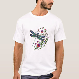 Colorful Nature Vibrant Dragonfly Floral Art T-Shirt