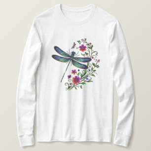 Colorful Nature Vibrant Dragonfly Floral Art T-Shirt
