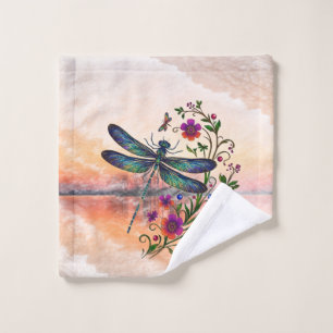 Colorful Nature Vibrant Dragonfly Floral Art Wash Cloth
