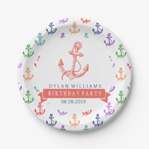 Colorful Nautical Boat Anchors Pattern Paper Plates