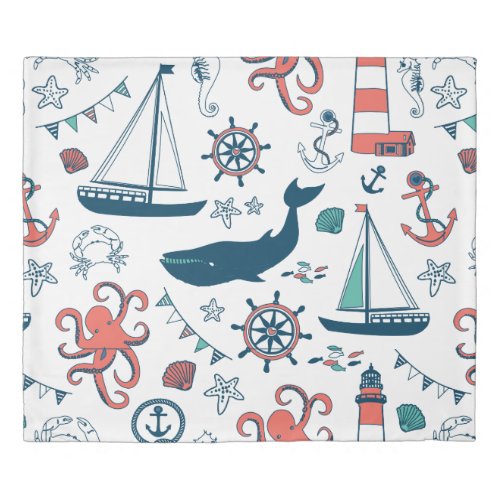 Colorful Nautical Marine Life Cute Illustration Duvet Cover