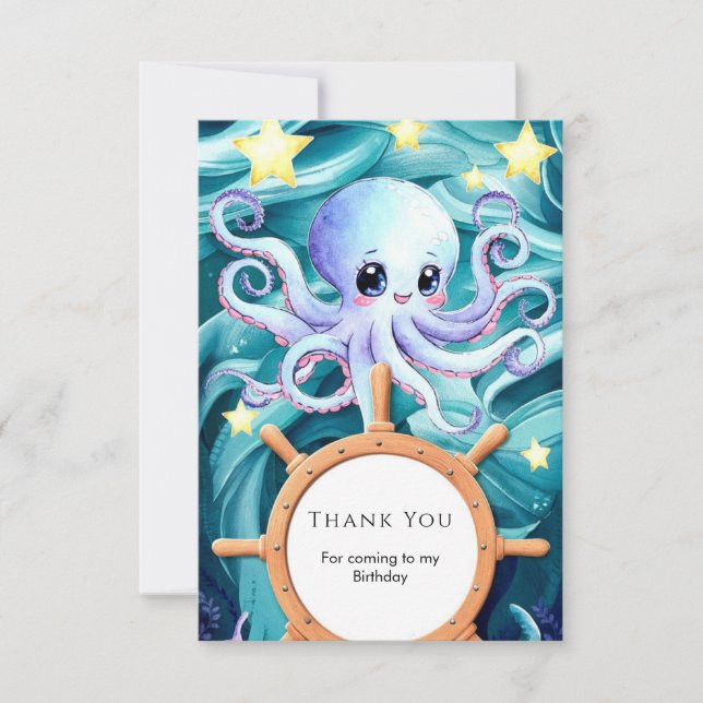 Colorful Nautical Octopus Birthday Thank You Card (Front)