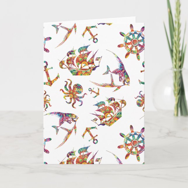 Colorful nautical pattern custom background holiday card (Front)
