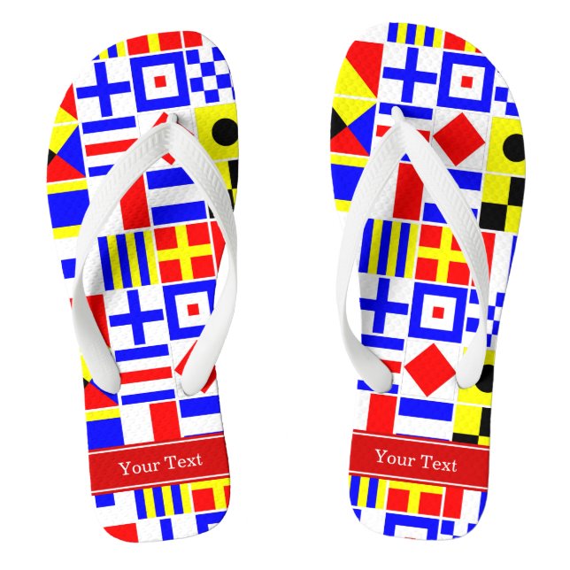 Colorful Nautical Signal Flags Red Name Monogram Flip Flops (Footbed)