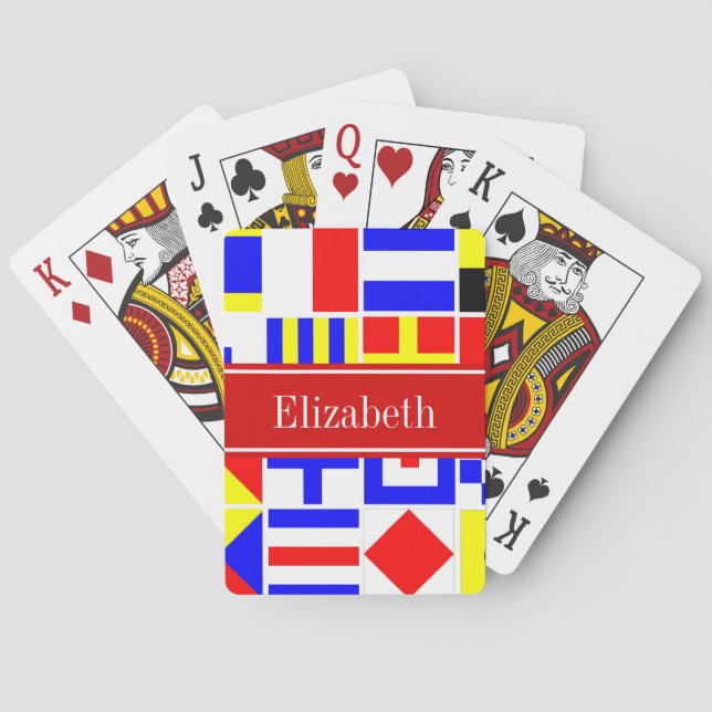 Colorful Nautical Signal Flags Red Name Monogram Poker Cards (Back)