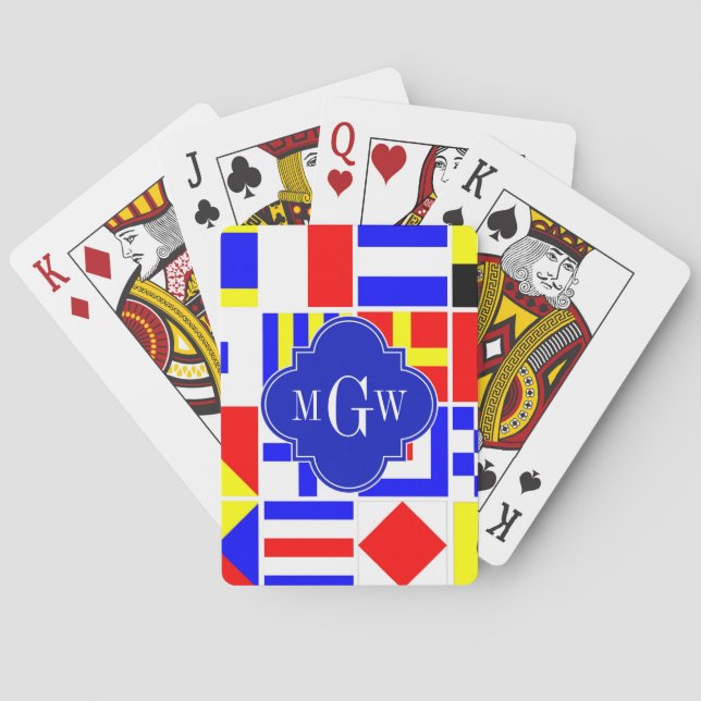 Colorful Nautical Signal Flags Royal 3I Monogram Poker Cards (Back)