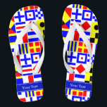 Colorful Nautical Signal Flags Royal Name Monogram Flip Flops<br><div class="desc">Colorful Nautical Signal Flags With Royal Blue Name Monogram Ribbon Label Customize this with your name, monogram or other text. You can also change the font, change font size and font color, move the text, add additional text fields, etc. Want to see this in another color combination? Just drop us...</div>