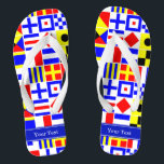 Colorful Nautical Signal Flags Royal Name Monogram Flip Flops<br><div class="desc">Colorful Nautical Signal Flags With Royal Blue Name Monogram Ribbon Label Customize this with your name, monogram or other text. You can also change the font, change font size and font color, move the text, add additional text fields, etc. Want to see this in another color combination? Just drop us...</div>
