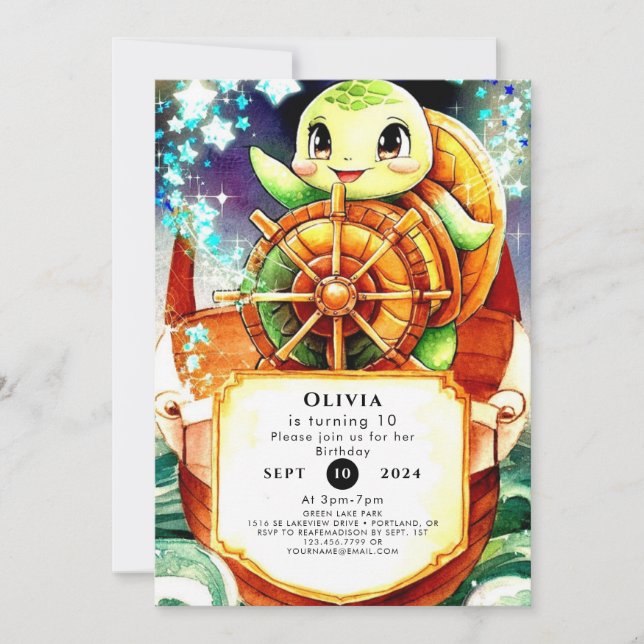 Colorful Nautical Turtle Birthday Invitation (Front)