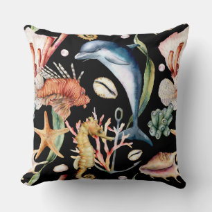Colorful Nautical Underwater Sea Animal LIfe Black Throw Pillow