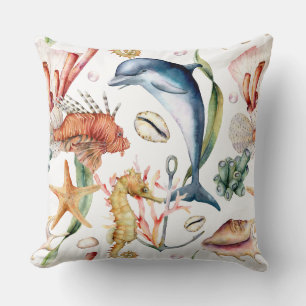 Colorful Nautical Underwater Sea Animal LIfe White Throw Pillow