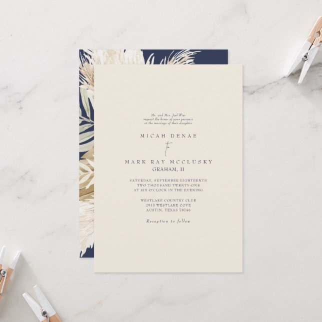 Colorful Navy & Beige Pampas Wedding Invitation (Front/Back In Situ)