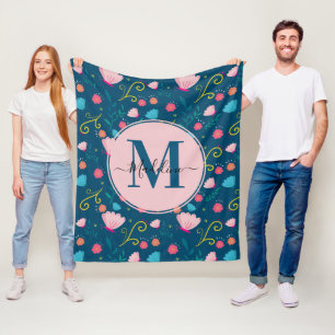 Colorful Navy Blue Butterfly Flowers Leaf Monogram Fleece Blanket