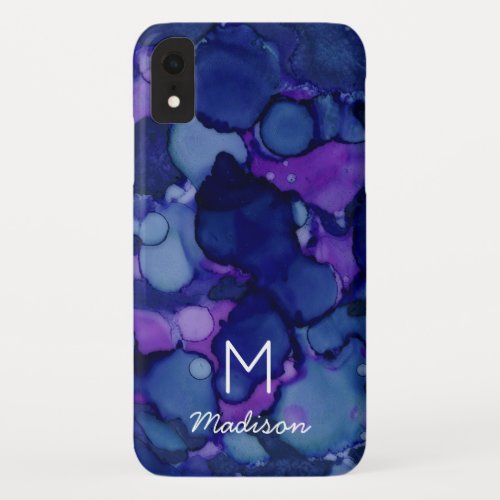 Colorful Navy Purple Alcohol Ink Texture Monogram iPhone XR Case