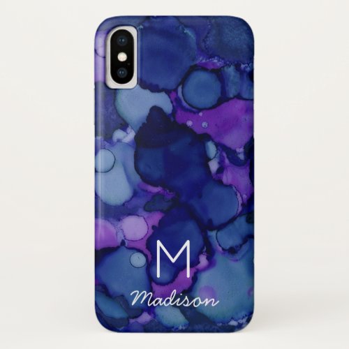 Colorful Navy Purple Alcohol Ink Texture Monogram iPhone XS Case