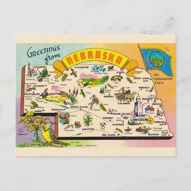 Colorful Nebraska Map Postcard (Front)