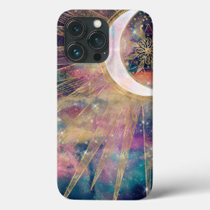 Colorful Nebula Gold Doodles Sun Moon Mandala iPhone 13 Pro Case