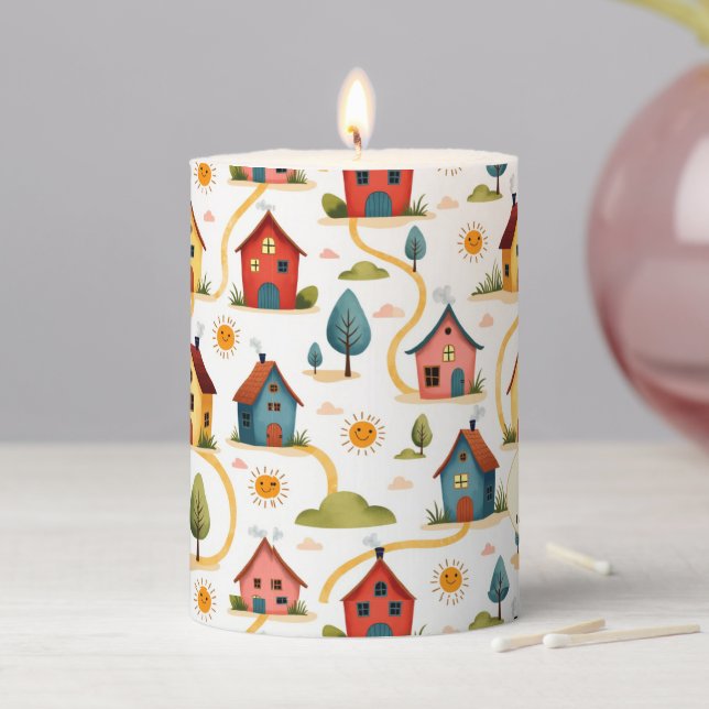 Colorful Neighborhood Houses Realtor Pillar Candle (In Situ)