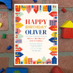 Colorful Neighborhood Kids' Birthday Invitation<br><div class="desc">Colorful neighborhood birthday theme featuring border with illustrations of houses and buildings with pink,  blue,  red,  green,  orange,  and yellow color palette.</div>
