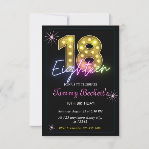 Colorful  Neon 18th Birthday Marquee Lightsk Invitation