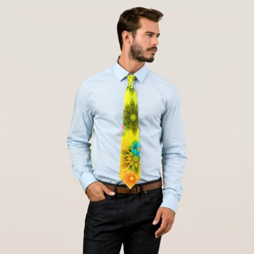 Colorful Neon Abstract Modern Flowers   Neck Tie