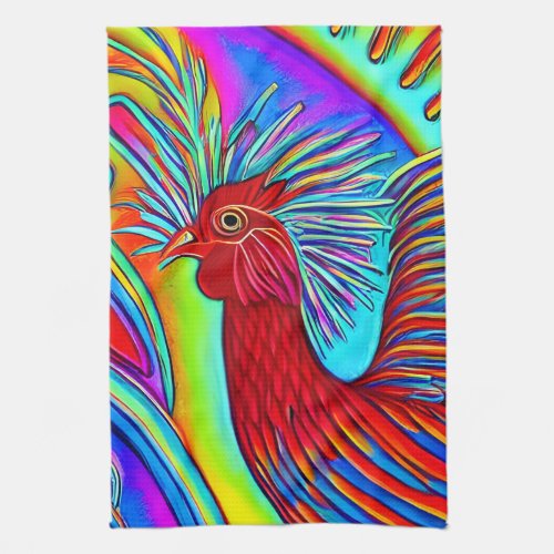 Colorful Neon Barn Yard Rooster Kitchen Towel