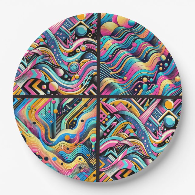 Colorful Neon Bright Abstract 90's Pattern Print Paper Plates (Front)