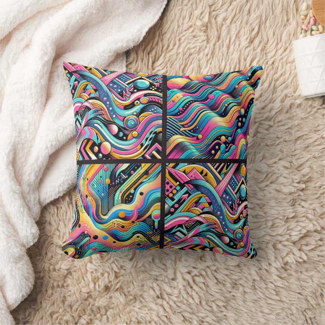 Colorful Neon Bright Abstract 90's Pattern Print Throw Pillow (Blanket)