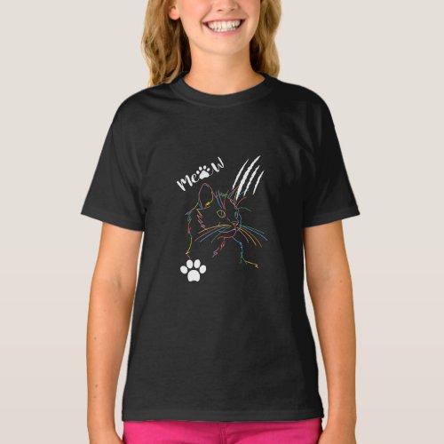 Colorful Neon Cat Line Art T_Shirt