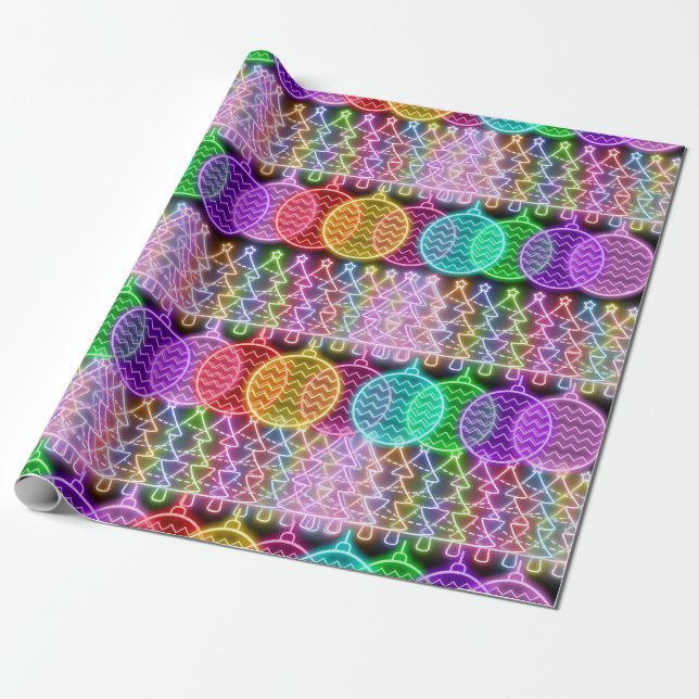 Colorful Neon Christmas Lights Wrapping Paper (Unrolled)