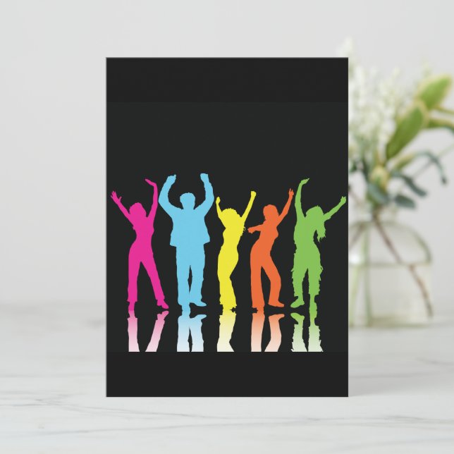 Colorful Neon Dancing Silhouettes Retro Party Invitation (Standing Front)