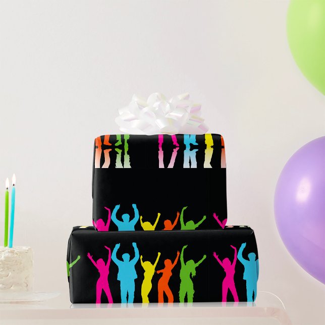 Colorful Neon Dancing Silhouettes Retro Party Wrapping Paper (Creator Uploaded)