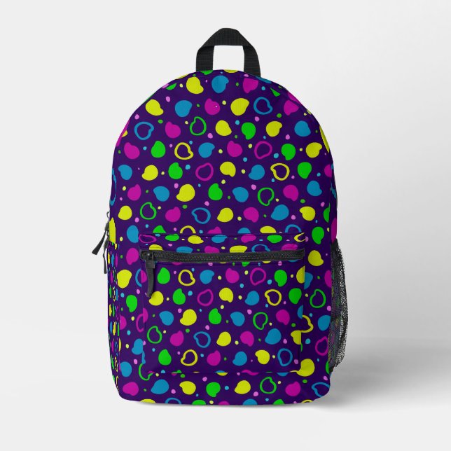 Colorful neon dots and shapes retro pattern printed backpack (Front)