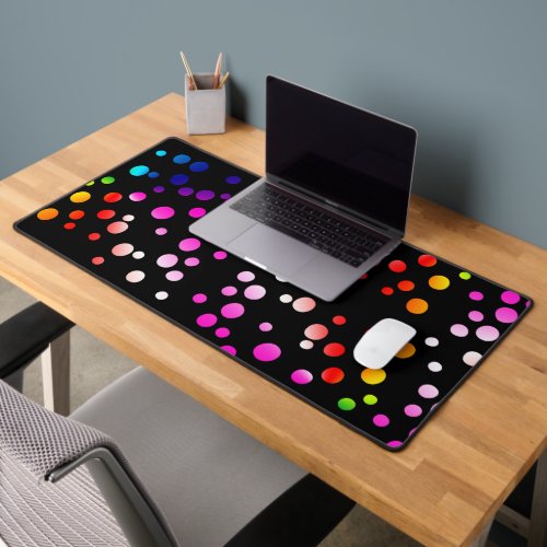 Colorful Neon Dots On Black Desk Mat