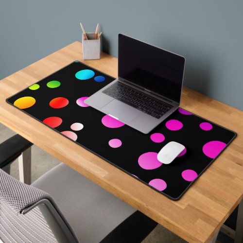 Colorful Neon Dots On Black Desk Mat